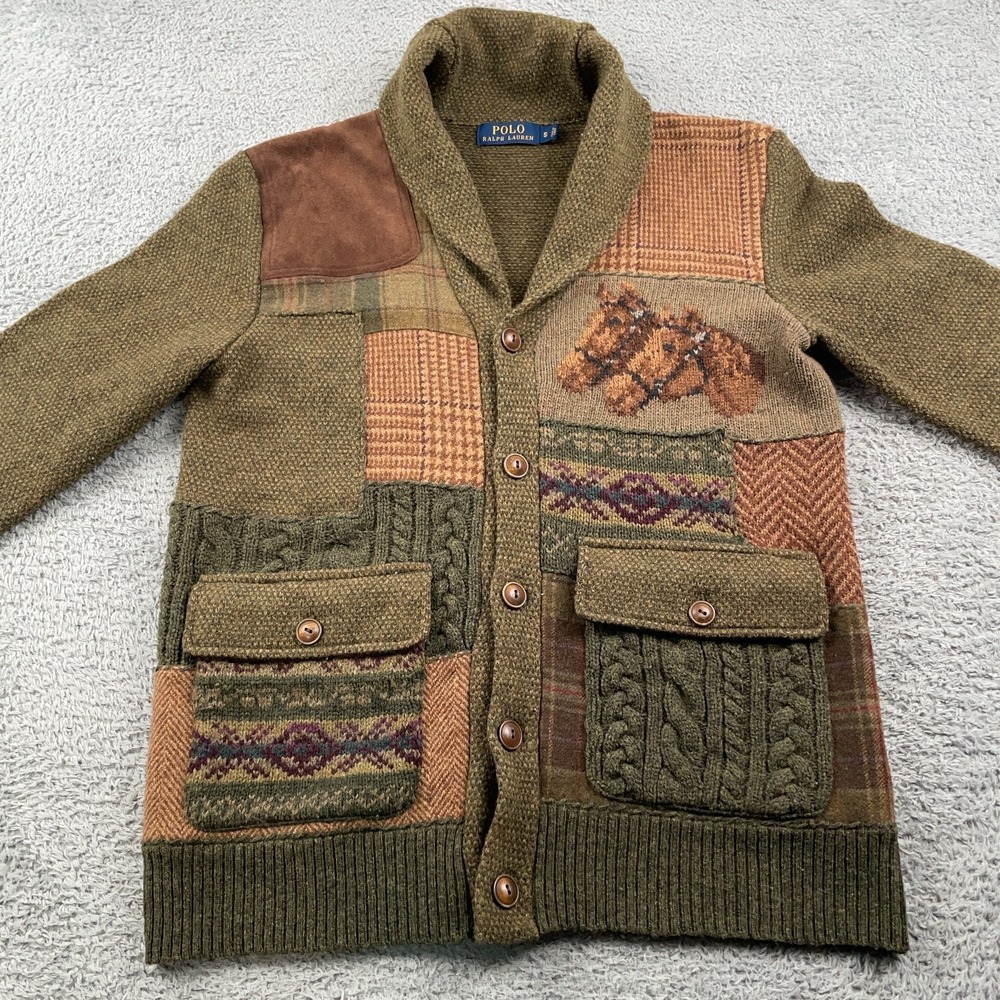 Polo Ralph Lauren Sweater Mens Small Patchwork Shawl Collar Cardigan Equestrian - Picture 3 of 13